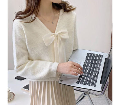 V-Neck Ribbon Accent Faux Fur Button-Up Cardigan