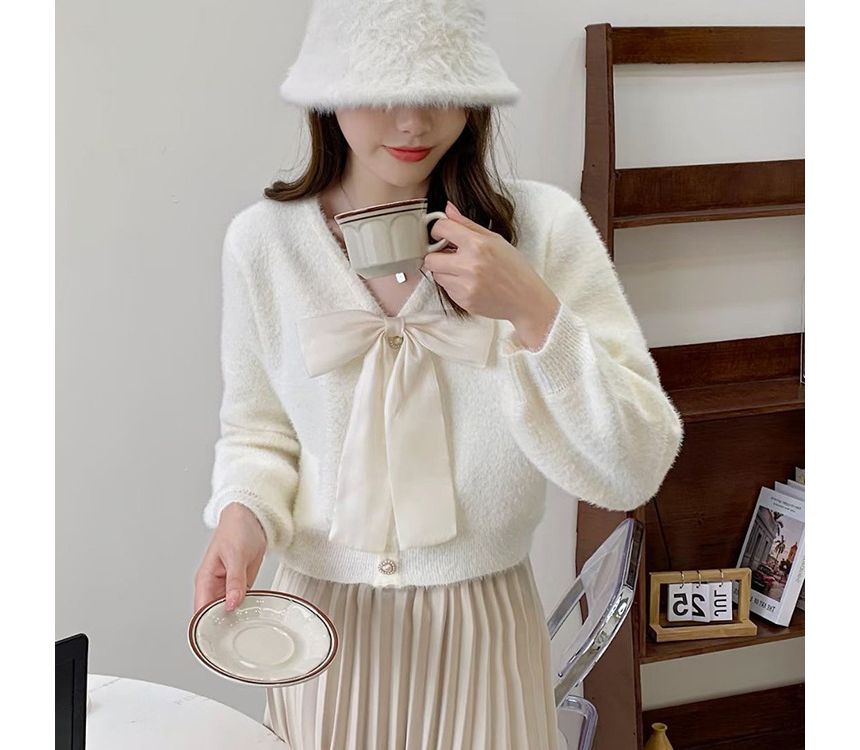 V-Neck Ribbon Accent Faux Fur Button-Up Cardigan