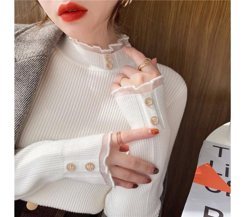 Semi-Turtleneck Ribbed Knit Lace-Trim Top