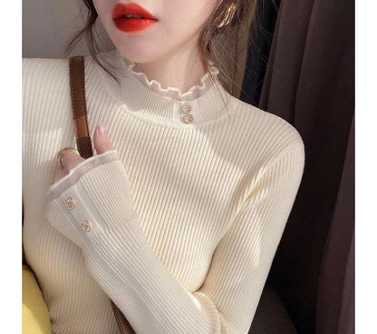 Semi-Turtleneck Ribbed Knit Lace-Trim Top