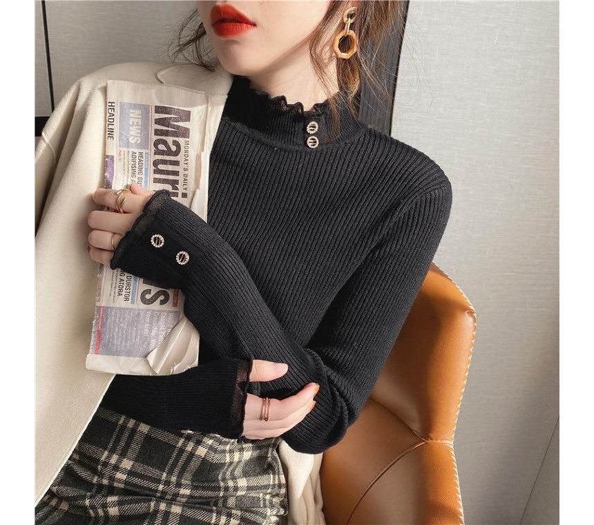 Semi-Turtleneck Ribbed Knit Lace-Trim Top