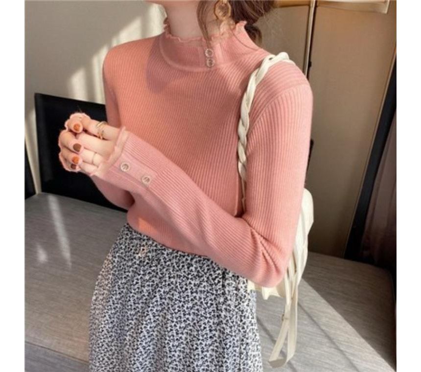 Semi-Turtleneck Ribbed Knit Lace-Trim Top