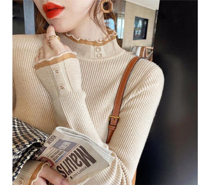 Semi-Turtleneck Ribbed Knit Lace-Trim Top