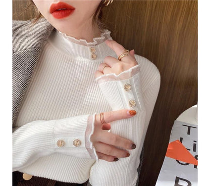 Semi-Turtleneck Ribbed Knit Lace-Trim Top
