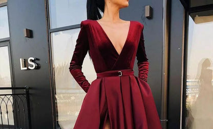 V-Neck Plain Evening Long-Sleeve Gown A-Line