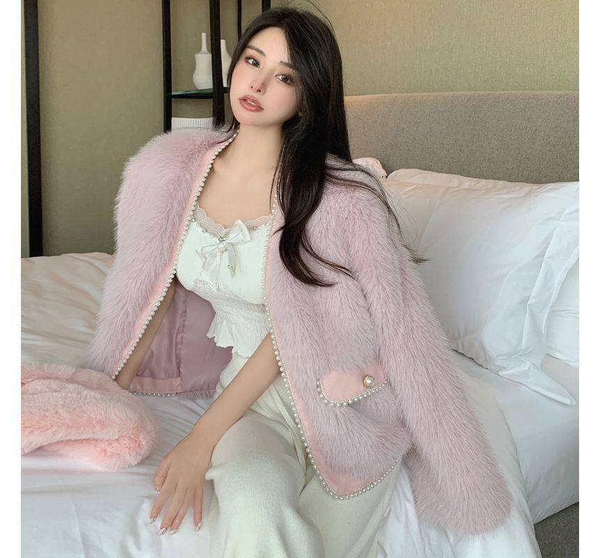 Plain Fluffy Faux Pearl Jacket
