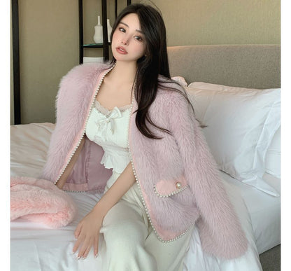 Plain Fluffy Faux Pearl Jacket