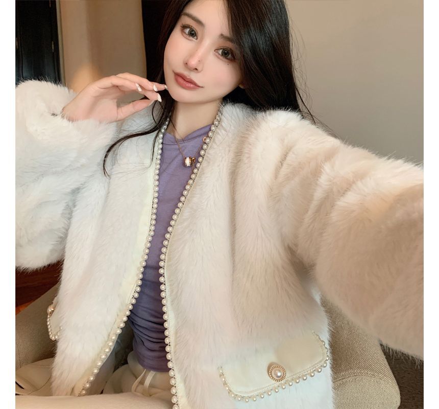 Plain Fluffy Faux Pearl Jacket