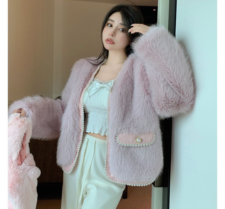 Plain Fluffy Faux Pearl Jacket