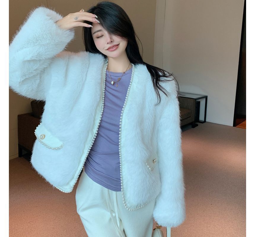 Plain Fluffy Faux Pearl Jacket