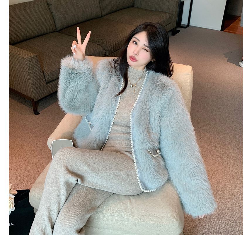 Plain Fluffy Faux Pearl Jacket
