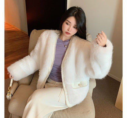 Plain Fluffy Faux Pearl Jacket