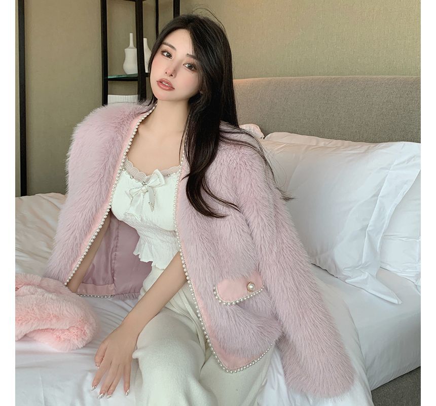 Plain Fluffy Faux Pearl Jacket