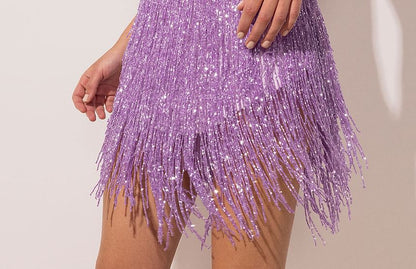 Sleeveless Scoop Neck Glitter Fringe Mini Sheath Cocktail Dress