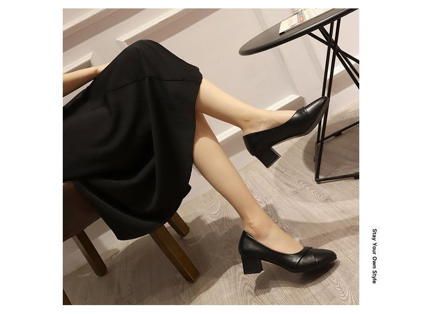 Faux Leather Chunky Heel Pumps