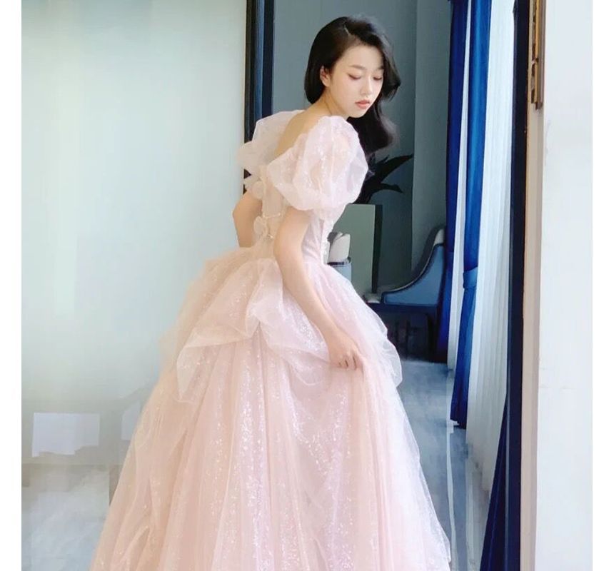 Evening Ball Gown Puff-Sleeve