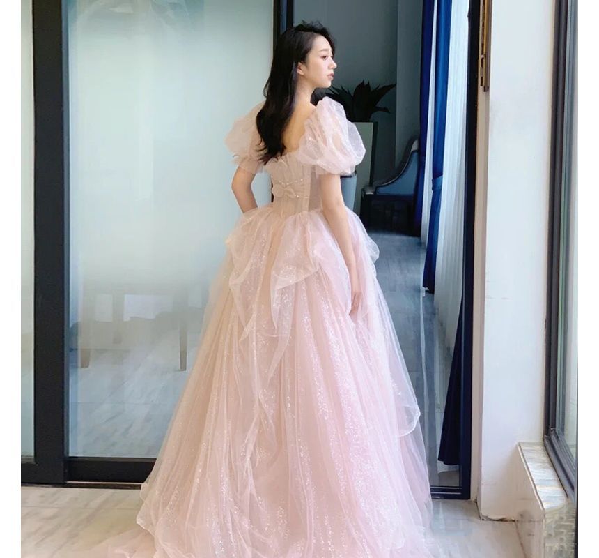 Evening Ball Gown Puff-Sleeve