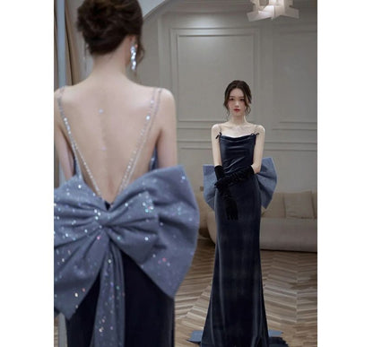 Evening Strap Bow Spaghetti Gown Backless A-Line