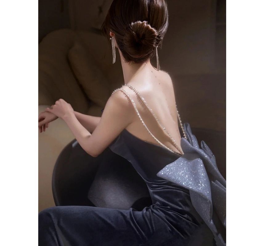 Evening Strap Bow Spaghetti Gown Backless A-Line