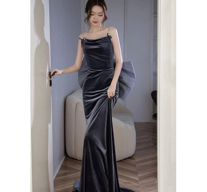 Evening Strap Bow Spaghetti Gown Backless A-Line