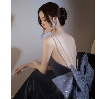 Evening Strap Bow Spaghetti Gown Backless A-Line