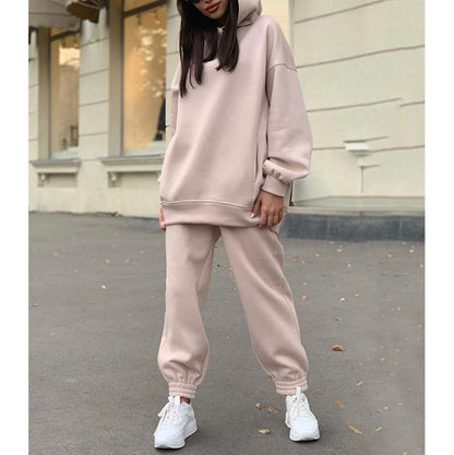 Set: Long Sleeve Plain Loose-Fit Hoodie + Straight-Leg Sweatpants