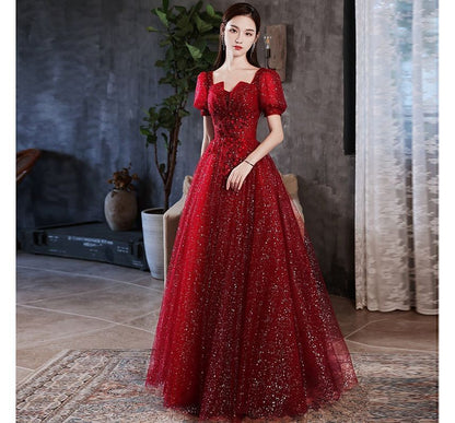 Short-Sleeve Sequined V-Neck Mesh A-Line Gown Evening