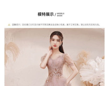 Short-Sleeve Sequined V-Neck Mesh A-Line Gown Evening