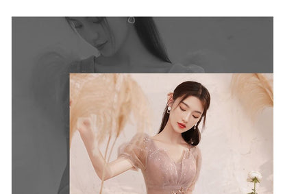 Short-Sleeve Sequined V-Neck Mesh A-Line Gown Evening