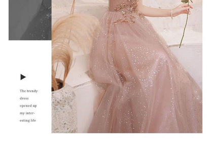 Short-Sleeve Sequined V-Neck Mesh A-Line Gown Evening