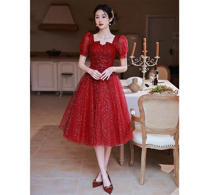 Sequined Gown Short-Sleeve A-Line Evening Notched