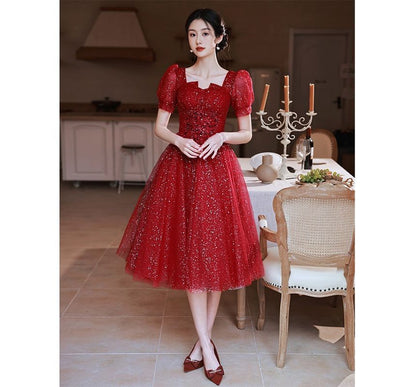 Sequined Gown Short-Sleeve A-Line Evening Notched