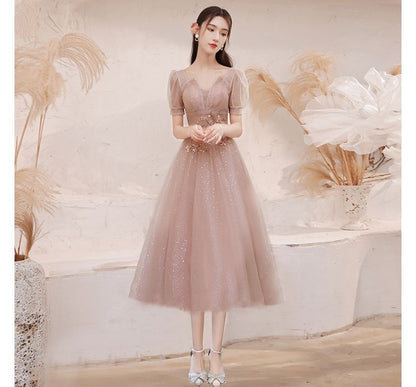 Sequined Gown Short-Sleeve A-Line Evening Notched