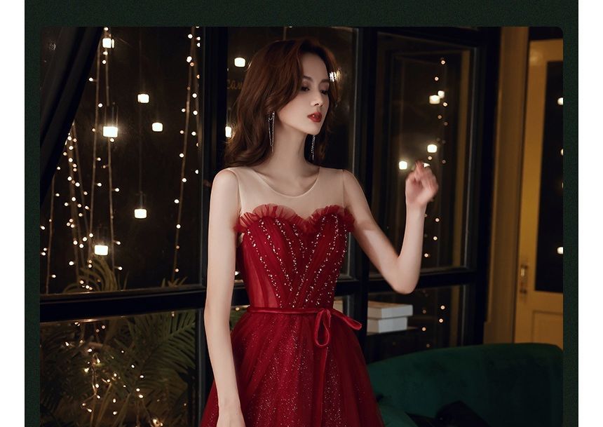 A-Line Neck Crew Gown Sleeveless Evening Mesh