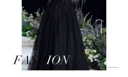 Short-Sleeve Square Neck Mesh Evening Gown