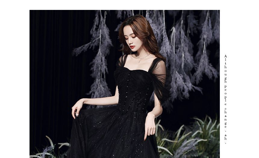 Gown Mesh Square Evening Neck Short-Sleeve