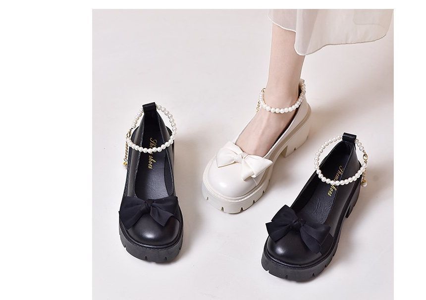 Platform Bow Faux Pearl Ankle Strap Pumps