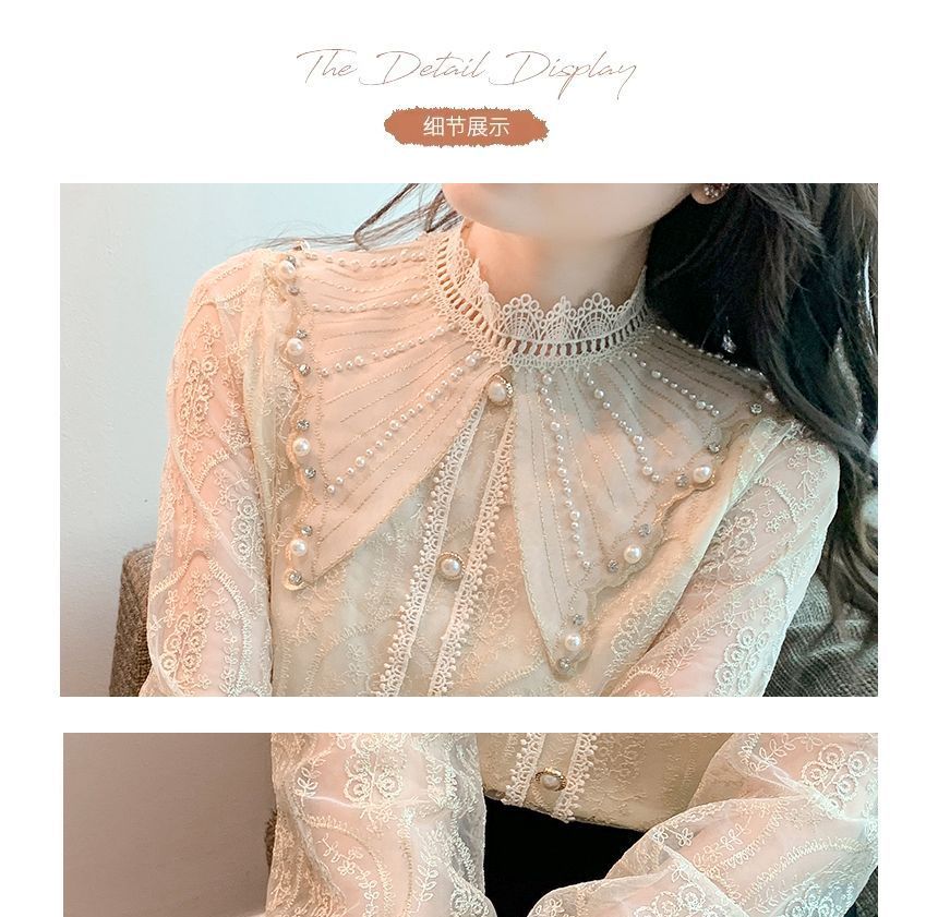 Mock-Neck Pearl-Accent Lace-Trim Chiffon Blouse