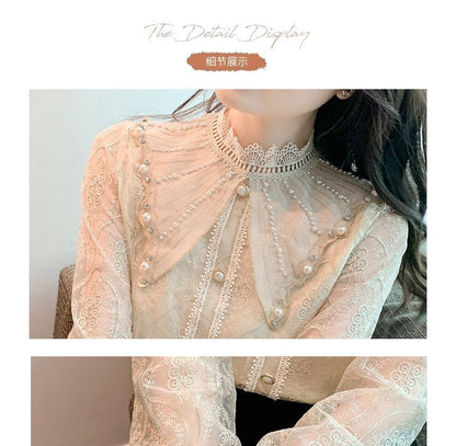 Mock-Neck Pearl-Accent Lace-Trim Chiffon Blouse