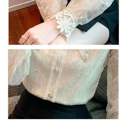 Mock-Neck Pearl-Accent Lace-Trim Chiffon Blouse