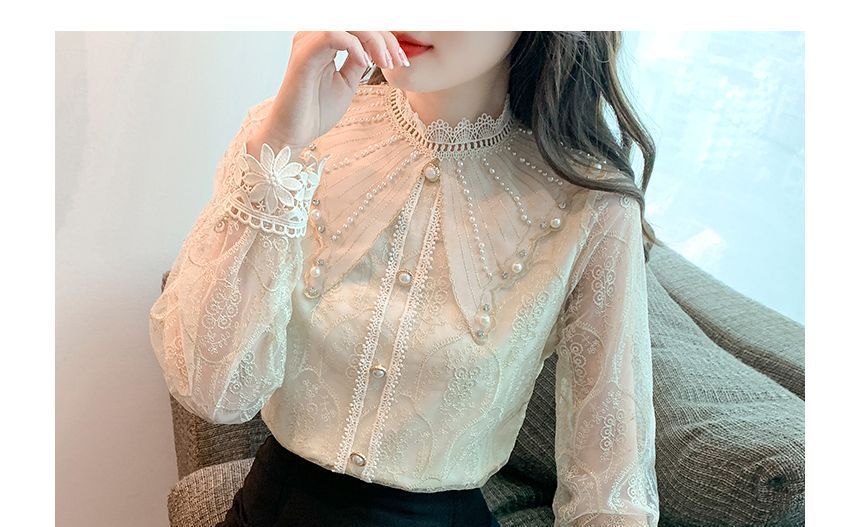 Mock-Neck Pearl-Accent Lace-Trim Chiffon Blouse