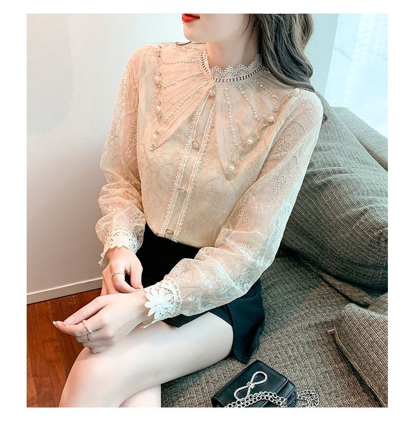 Mock-Neck Pearl-Accent Lace-Trim Chiffon Blouse