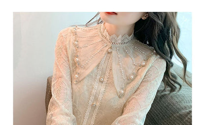 Mock-Neck Pearl-Accent Lace-Trim Chiffon Blouse