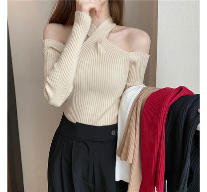 Long-Sleeve Cold-Shoulder Top Plain Halter Knit