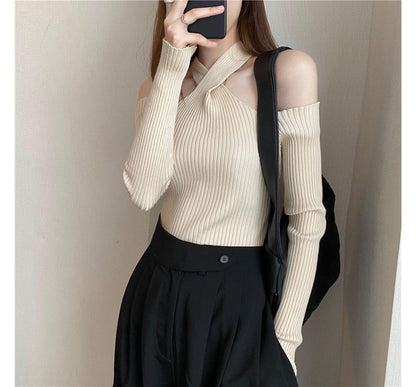 Long-Sleeve Cold-Shoulder Top Plain Halter Knit