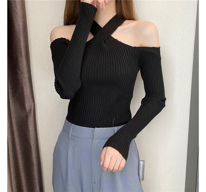 Long-Sleeve Cold-Shoulder Top Plain Halter Knit