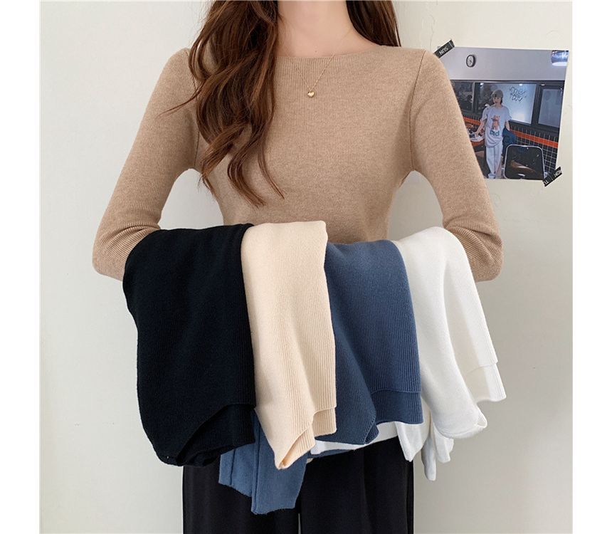 Long-Sleeve Top Plain Slim-Fit Knit