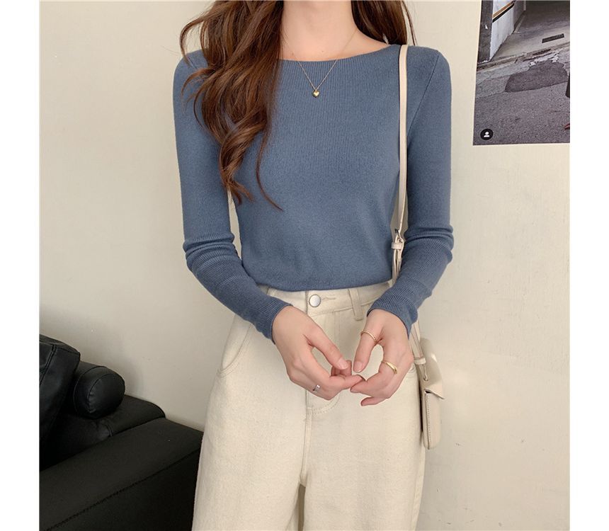 Long-Sleeve Top Plain Slim-Fit Knit