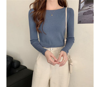 Long-Sleeve Top Plain Slim-Fit Knit