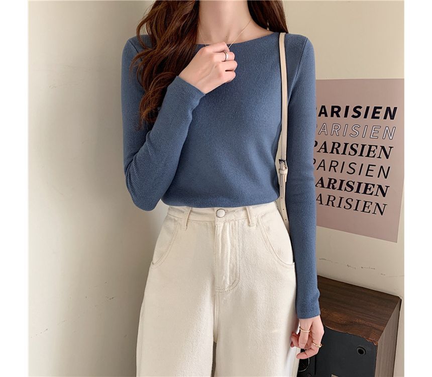 Long-Sleeve Top Plain Slim-Fit Knit
